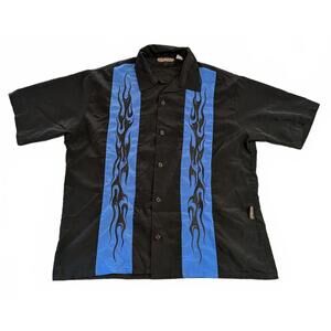 Sapphire Lounge Vtg Men's Size L Black Blue Embroidery Flames Short Sleeve Shirt